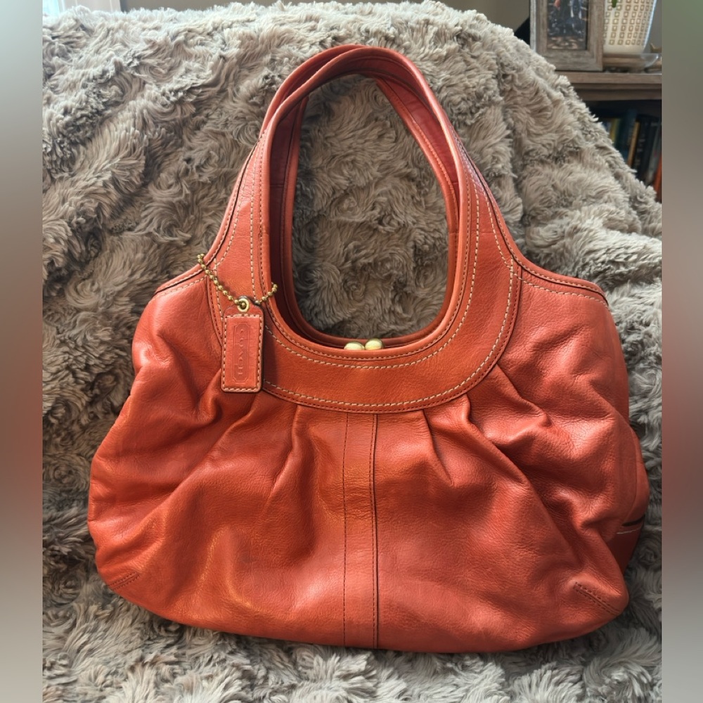 2008 Y2K Coach 12248 Ergo Pleated Frame Leather Satchel Bag Orange - Tattersall